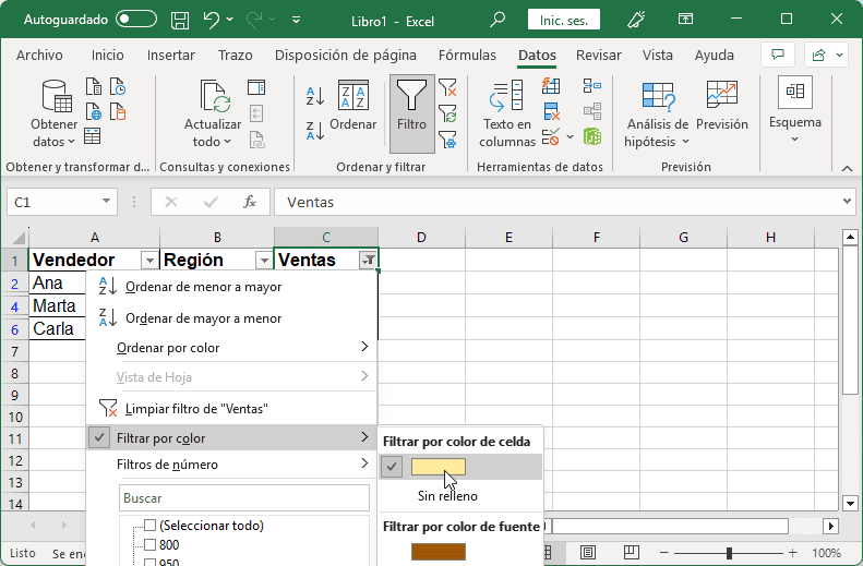 Filtrar datos por colores en Excel