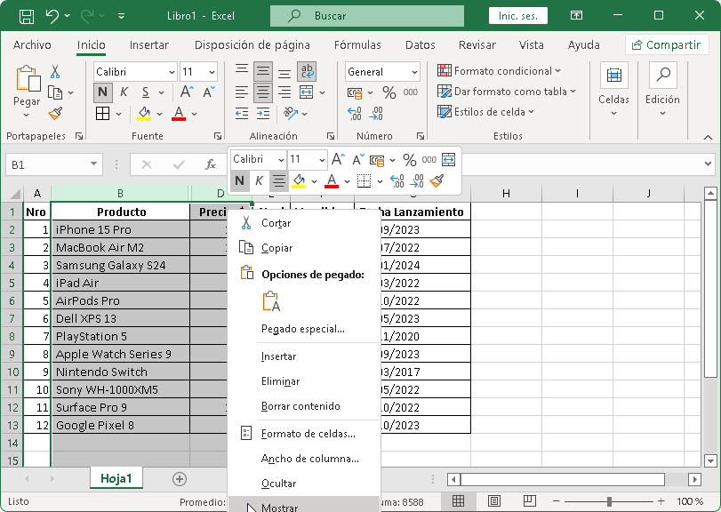 Mostrar filas y columnas en Excel Mostrar filas y columnas en Excel