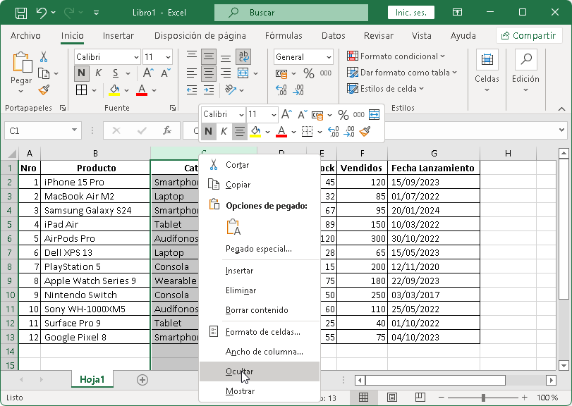 Ocultar filas y columnas en Excel Ocultar filas y columnas en Excel