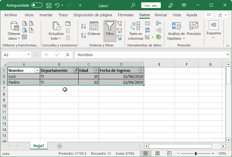 Resultados de aplicar filtros a una tabla en Excel Resultados de aplicar filtros a una tabla en Excel