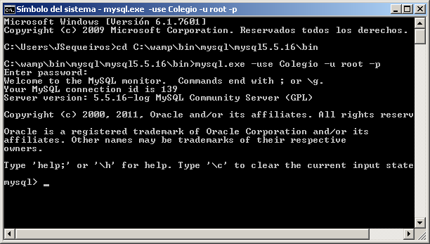 Línea de comandos MySQL en Windows con CMD