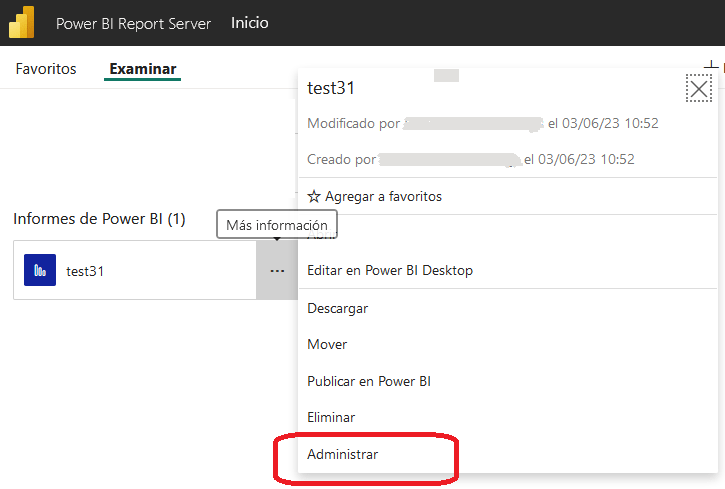 Hacer clic en el reporte de power bi y seleccionar administrar