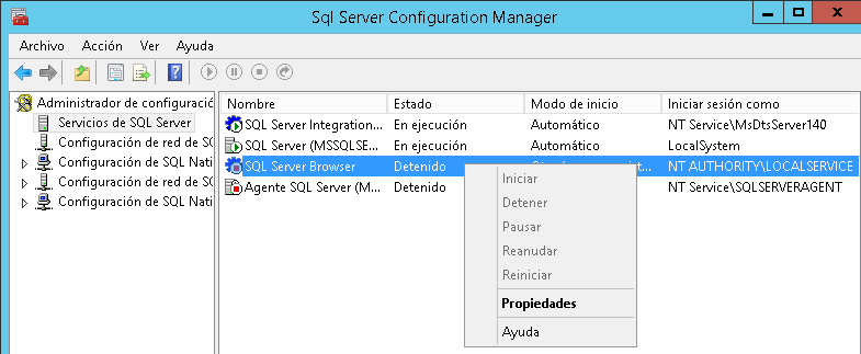 Iniciar el Servicio de SQL Browser de SQL Server