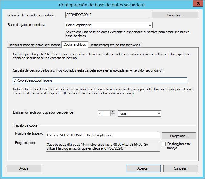 Configuración de base de datos secundaria de trasvase de registros SQL Server