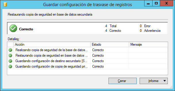 Guardar configuración de trasvase de registros SQL Server Log Shipping