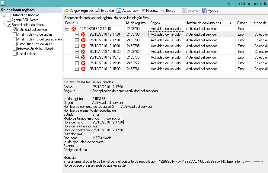 Error en Data Collector SQL Server, no se puede crear un archivo que ya existe