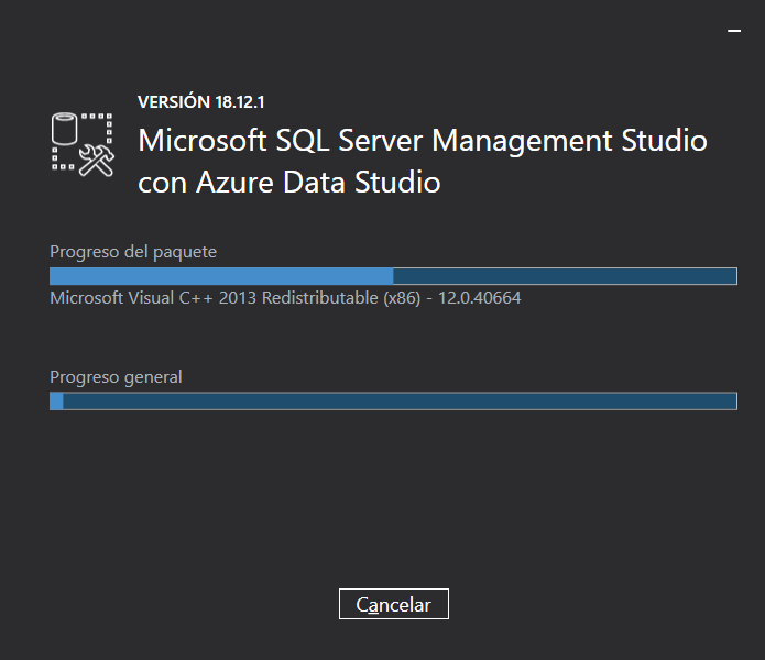 Progreso de instalación de SQL Server Management Studio SSMS